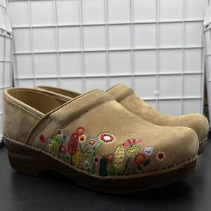Dansko Tan Clogs with Colorful Floral Embroidery